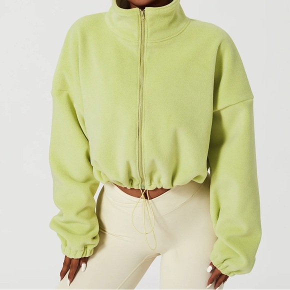 Sweaters - Softest Fleece Zip up Cropped Sweater, Lime Green